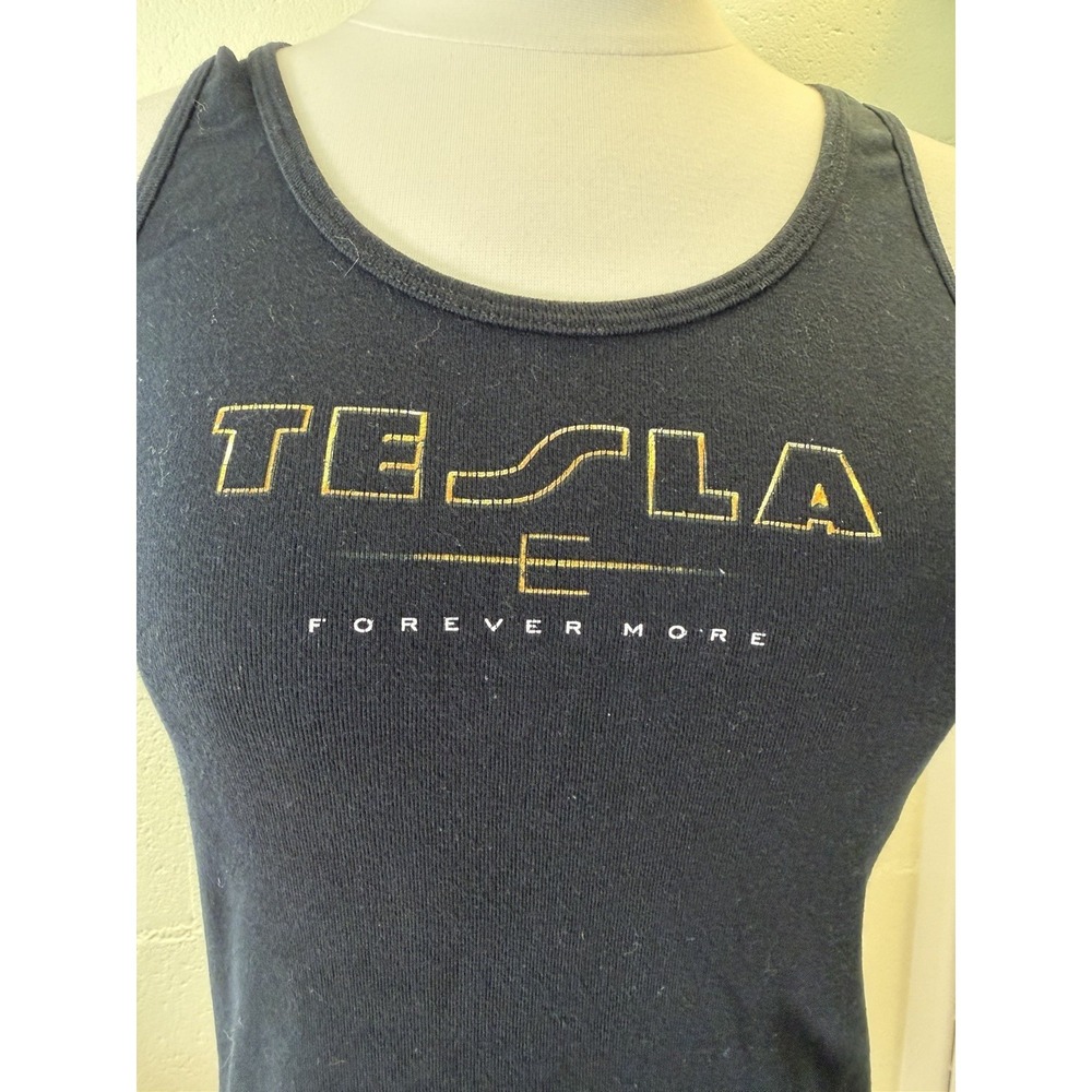 Vtg American Apparel TESLA Forever More Tank Top Black Gold Logo Made USA Size L - Picture 2 of 7